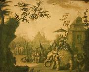 A Chinoiserie Procession of Figures Riding on Elephants with Temples Beyond, Jean-Baptiste Pillement